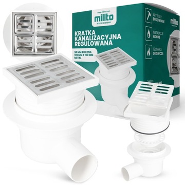 KRATKA ŚCIEKOWA 50 MM 10x10 CM ODPŁYWOWA REGULOWANA SYFON BRODZIKA BOCZNA