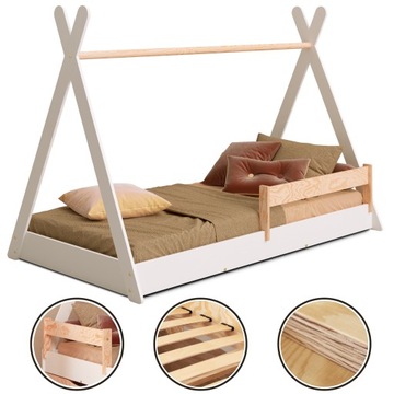Łóżko dziecięce podłogowe z barierką domek TIPI 90x180 - BIAŁE - EKO