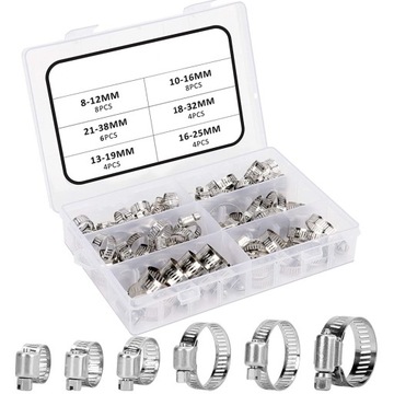 34 x ZESTAW METALOWA OPASKA ZACISKOWA SKRĘCANA ŚLIMAKOWA +ORGANIZER 16-32MM