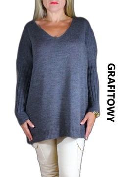 Piękny kobiecy sweter gładki modny dekolt V Luźny PLUS SIZE uniwersalny