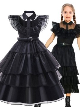 Strój Wednesday Addams Przebranie Kostium Sukienka + Pasek 134-140