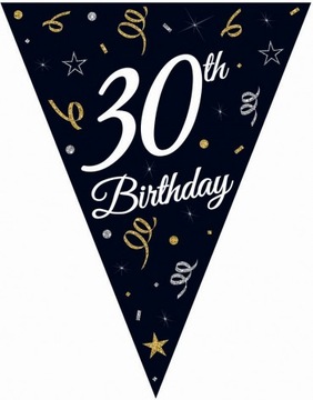 GIRLANDA FLAGI ZŁOTA CZARNA 30 URODZINY HAPPY BIRT