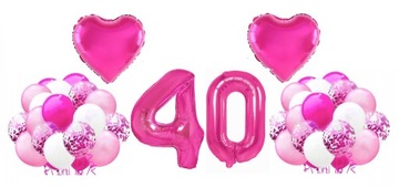 Zestaw balonów na 40 Urodziny Cyfry 100cm fuksja Serce balony 40stka Różowe