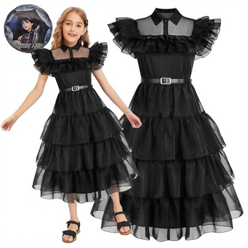 WEDNESDAY ADDAMS STRÓJ KARNAWAŁOWY SUKIENKA KOSTIUM NA BAL 116 / 122 +BALON