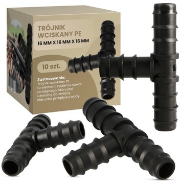 10x TRÓJNIK PE 16 MM WCISKANY WTYK ZŁĄCZKA ŁĄCZNIK WĘŻA RURY KROPLUJĄCEJ
