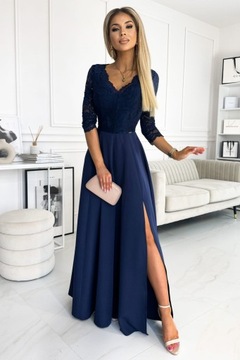 AMBER elegantné čipkované dlhé šaty s výstrihom - TMAVO MODRÁ - M