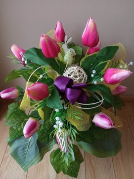 Stroik na cmentarz GRÓB kompozycja KOMPLET WIOSNA wielkanoc TULIPANY