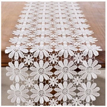 Elegancki bieżnik koronkowy w kwiaty BIAŁY długi 40x90 koronkowy gipiura
