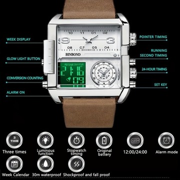Мужские многофункциональные спортивные кварцевые часы с большим циферблатом