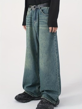 Męskie Szerokie Spodnie Baggy Jeans, Uliczny Styl Vintage Zniszczone