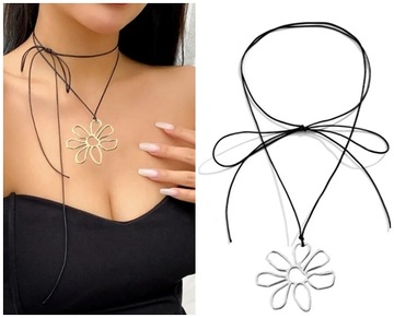 Naszyjnik DŁUGI sznurek ZAWIESZKA KWIAT srebrny