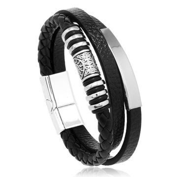 SKÓRZANA BRANSOLETKA MĘSKA ELEGANCKA STAL NIERDZEWNA 316L CZARNA PREMIUM