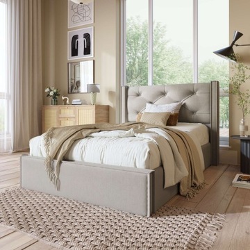 Гидравлическая односпальная кровать с обивкой 90х200 см светло-серый хлопок