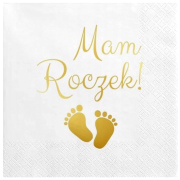 Serwetki Białe napis Mam Roczek 1 Urodziny Stópki