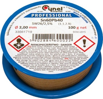 Cyna do lutowania Sn60Pb40 SW26 2,0mm 100g Cynel