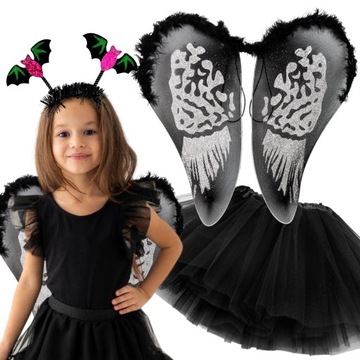 Zestaw STRÓJ PAJĘCZARKA NIETOPERZ HALLOWEEN Demon Czarny TUTU opaska