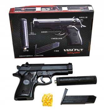 METALOWY PISTOLET TŁUMIKIEM BERETTA V1+ ASG KULKI