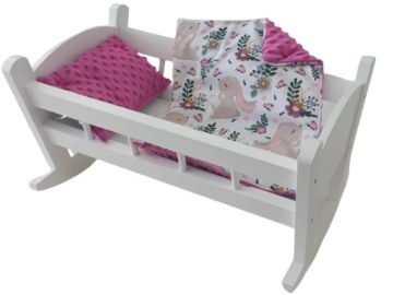 KOŁYSKA DLA LALEK BIAŁA Z POŚCIELĄ. KOLEBKA DREWNIANA
