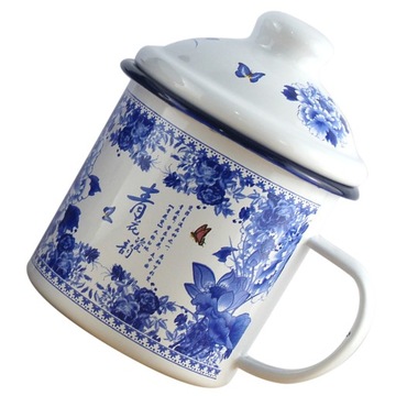 KUBKI EMALIOWANE DUŻE NIEBIESKO-BIAŁA PORCELANOWA HERBATA