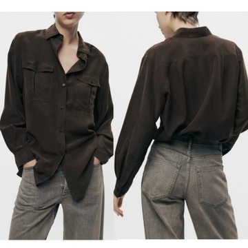 ZARA koszula, bluzka, 100% jedwab morwowy, brązowa, oversize, r. L - XL