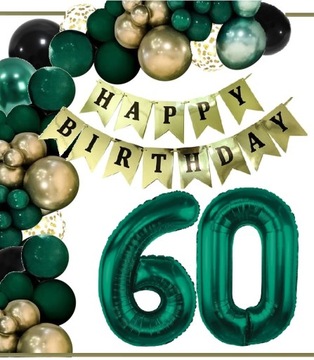 BALONY dekoracje na urodziny cyfra 60 lat zielone złote czarne
