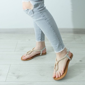 SREBRNE SANDAŁY DAMSKIE JAPONKI Z PEREŁKAMI CYRKONIE LETNIE BUTY 40