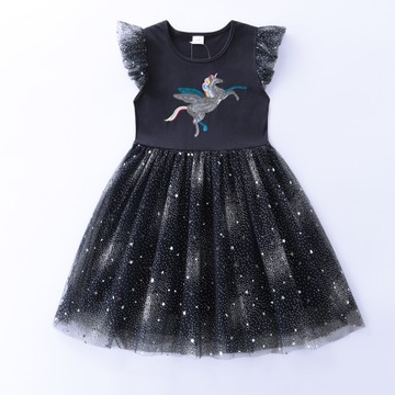 Moda dziecięca Sukienki bez rękawów jednorożec Prints Cekiny cute B468-4