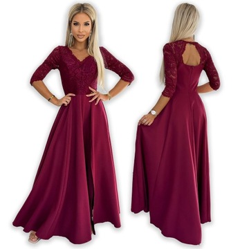 AMBER elegancka długa suknia maxi z koronkowym dekoltem BORDOWA - XL