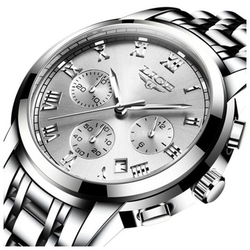 Zegarek męski LIGE bransoleta srebrny złoty chronograf datownik