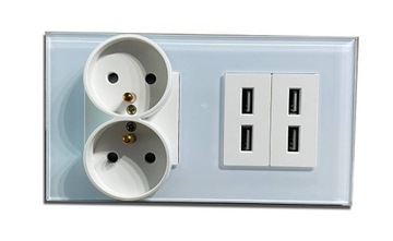 GNIAZDKO ELEKTRYCZNE PODWÓJNE SZKLANE 4x USB 2.4A