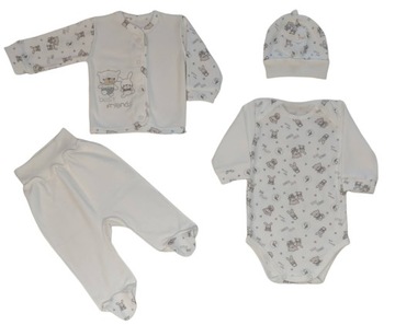 Komplet niemowlęcy kaftanik body półśpiochy czapeczka r.62 noworodka 4 szt.