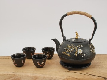 Чайник, Заварочный чайник, Чугунный кувшин, 1 л, Чугунные чашки, Подставка, Золотая птица