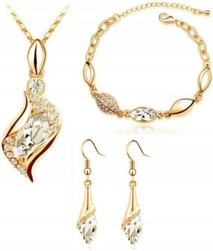 Złoty zestaw biżuterii pozłacane białe cyrkonie łezki na prezent elegancki