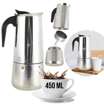 KAWIARKA METALOWA EKSPRES DO KAWY KAFETERKA 450ml stalowa srebrna 9 filiżan