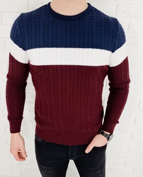 Trojkolorowy sweter meski 3629 Bordowy - XXL