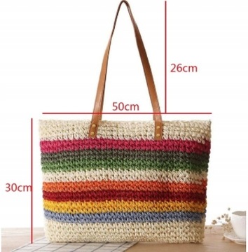 TORBA SŁOMIANA PLAŻOWA BOHO PLECIONA POJEMNA KOSZYK SHOPPER MIEJSKA VINTAGE