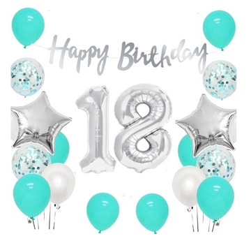 Zestaw balonów 18 urodziny Baner Happy Birthday srebrny Cyfry balony 18stka
