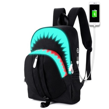 Мужской модный рюкзак с зарядкой через USB, ночной светящийся рюкзак, сумка для ноутбука с акулой