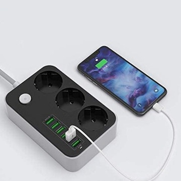 УДЛИНИТЕЛЬ ПИТАНИЯ 3 РОЗЕТКИ + 6 USB С КАБЕЛЕМ ДЛИНОЙ 1,85 М
