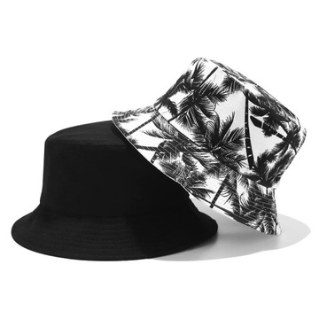 Czapka bucket hat kapelusz rybacki dwustronny czarny biały w palmy na lato