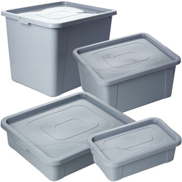4X POJEMNIK PLASTIKOWY Z POKRYWĄ ZAMYKANY PUDEŁKO BOX SZARY