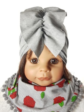 KOMPLET SZEROKA OPASKA TURBAN WACHLARZ + CHUSTKA Z POMPONIKAMI 1-9 LAT 9WZ