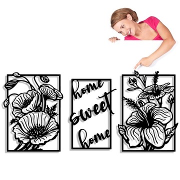 OBRAZ AŻUROWY DEKORACJA ŚCIENNA KWIATY HOME SWEET HOME SALONU TRYPTYK DUŻY