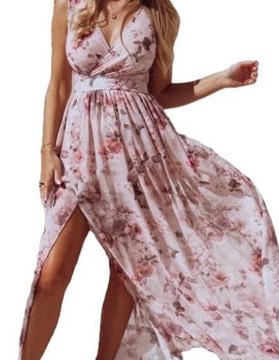 Sukienka w kwiaty szyfonowa z podszewką zwiewna z rozcięciem