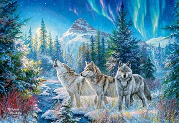 PUZZLE 1500 UKŁADANKA OBRAZ ZWIERZĘTA WILKI LAS GÓRY RZEKA ZORZA 9+ CASTOR