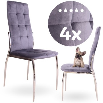4x Krzesło Pikowane Welurowe SZARE BoHome Jadalnia Salon Tapicerowane Chrom