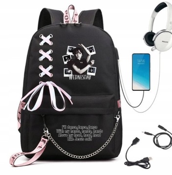 PLECAK SZKOLNY WEDNESDAY USB A4 DUŻY WZORY