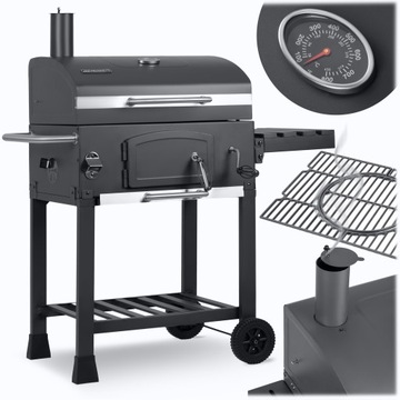 GRILL WĘGLOWY OGRODOWY KOMIN ŻELIWNY RUSZT Z POKRYWĄ POPIELNIK + TERMOMETR
