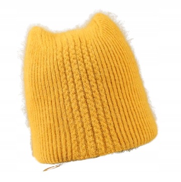 czapka typu Beanie dla kobiet zimowa miła żółta