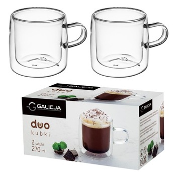 ZESTAW DWÓCH KUBKÓW SZKLANEK TERMICZNYCH DO KAWY HERBATY Z UCHEM 270ml